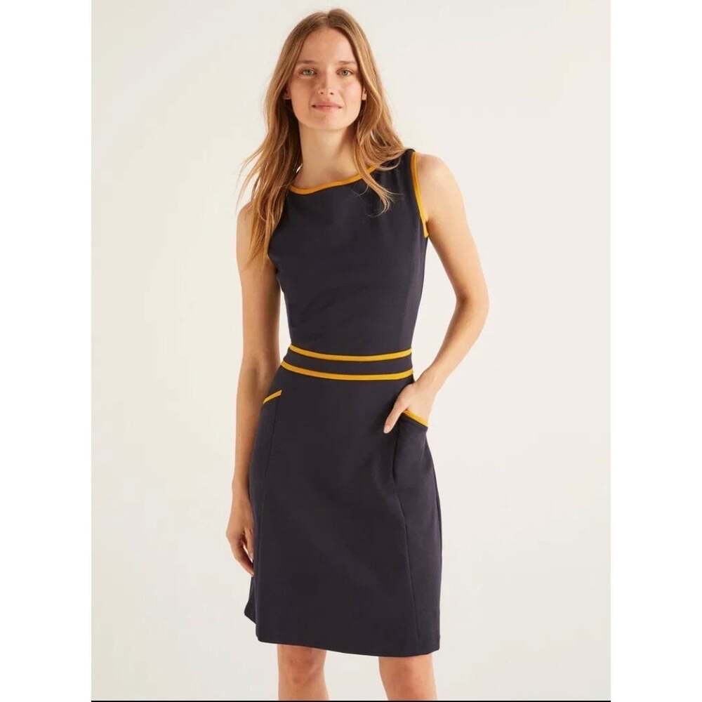 Boden Sabrina Ponte Shift Dress US 8P Navy Blue Mustard Yellow Sleeveless Mini